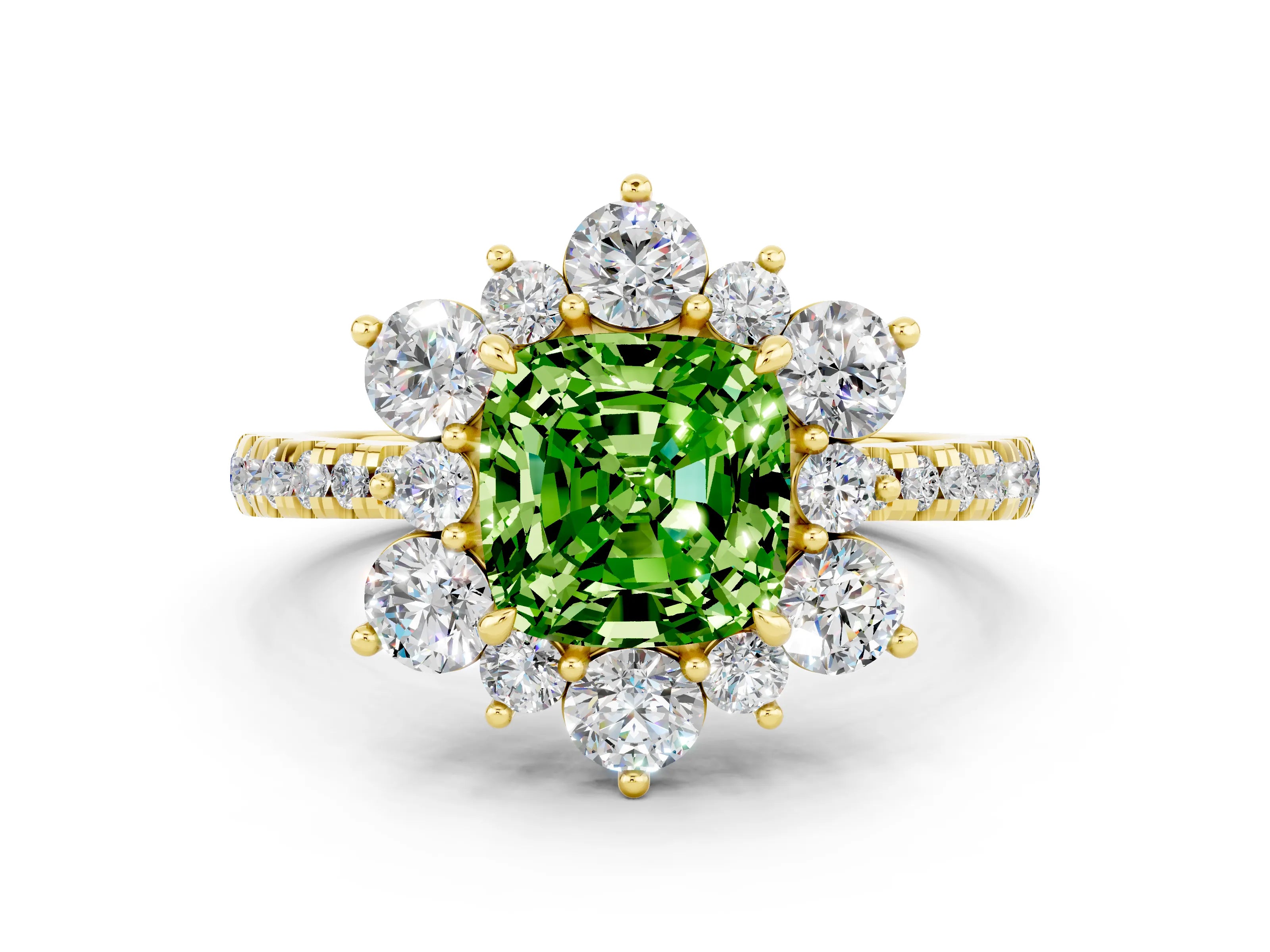 Yellow gold Cushion Cut Cut Diamond Floral Halo Pave Band with Prong Setting