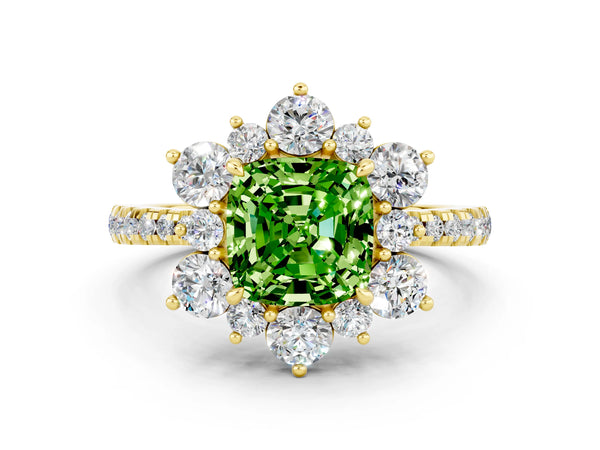 Yellow gold Cushion Cut Cut Diamond Floral Halo Pave Band with Prong Setting