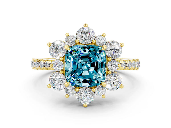 Yellow gold Cushion Cut Cut Diamond Floral Halo Pave Band with Prong Setting