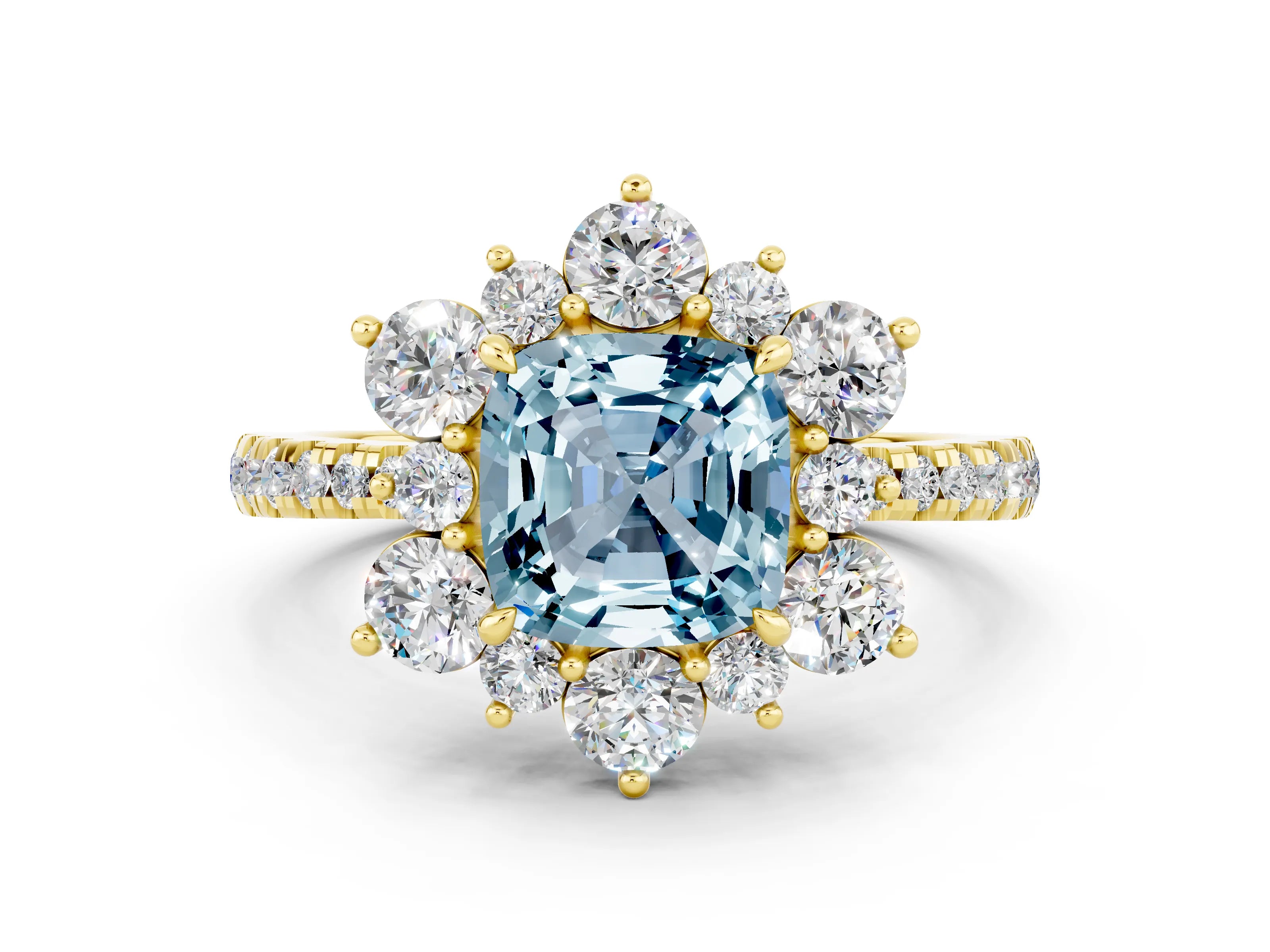 Yellow gold Cushion Cut Cut Diamond Floral Halo Pave Band with Prong Setting