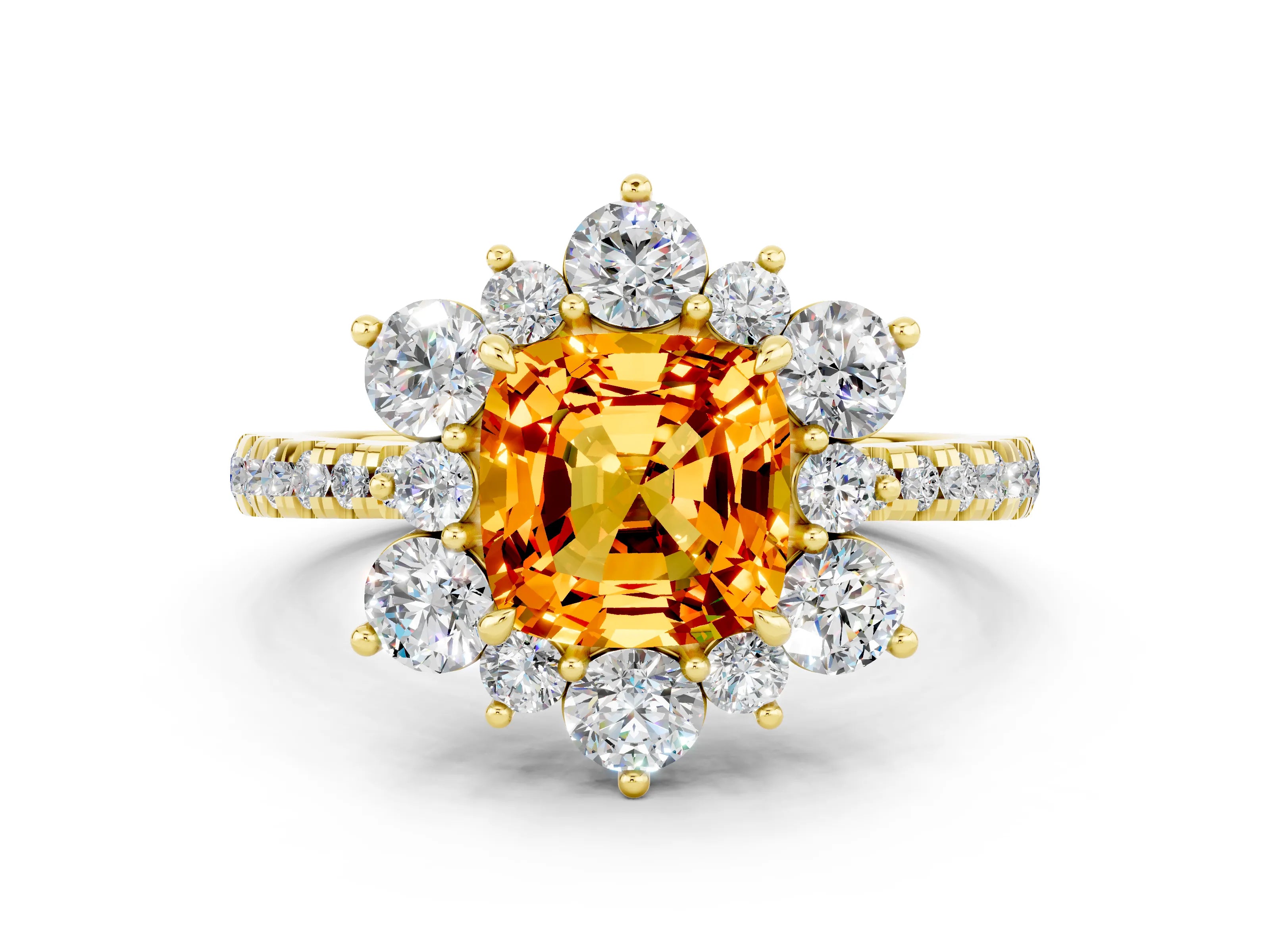 Yellow gold Cushion Cut Cut Diamond Floral Halo Pave Band with Prong Setting