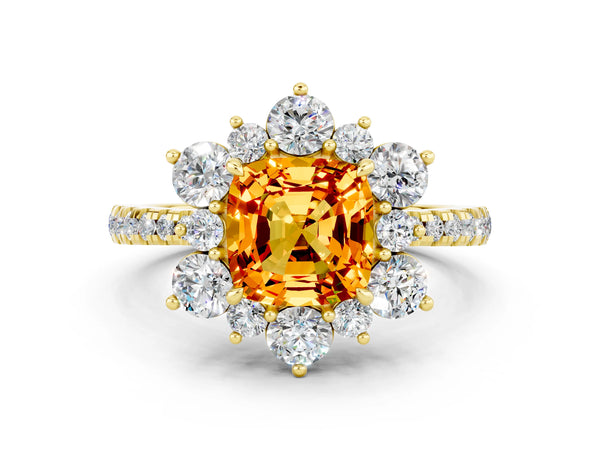 Yellow gold Cushion Cut Citrine Floral Halo Ring with Round Pavé Band and Prong Setting
