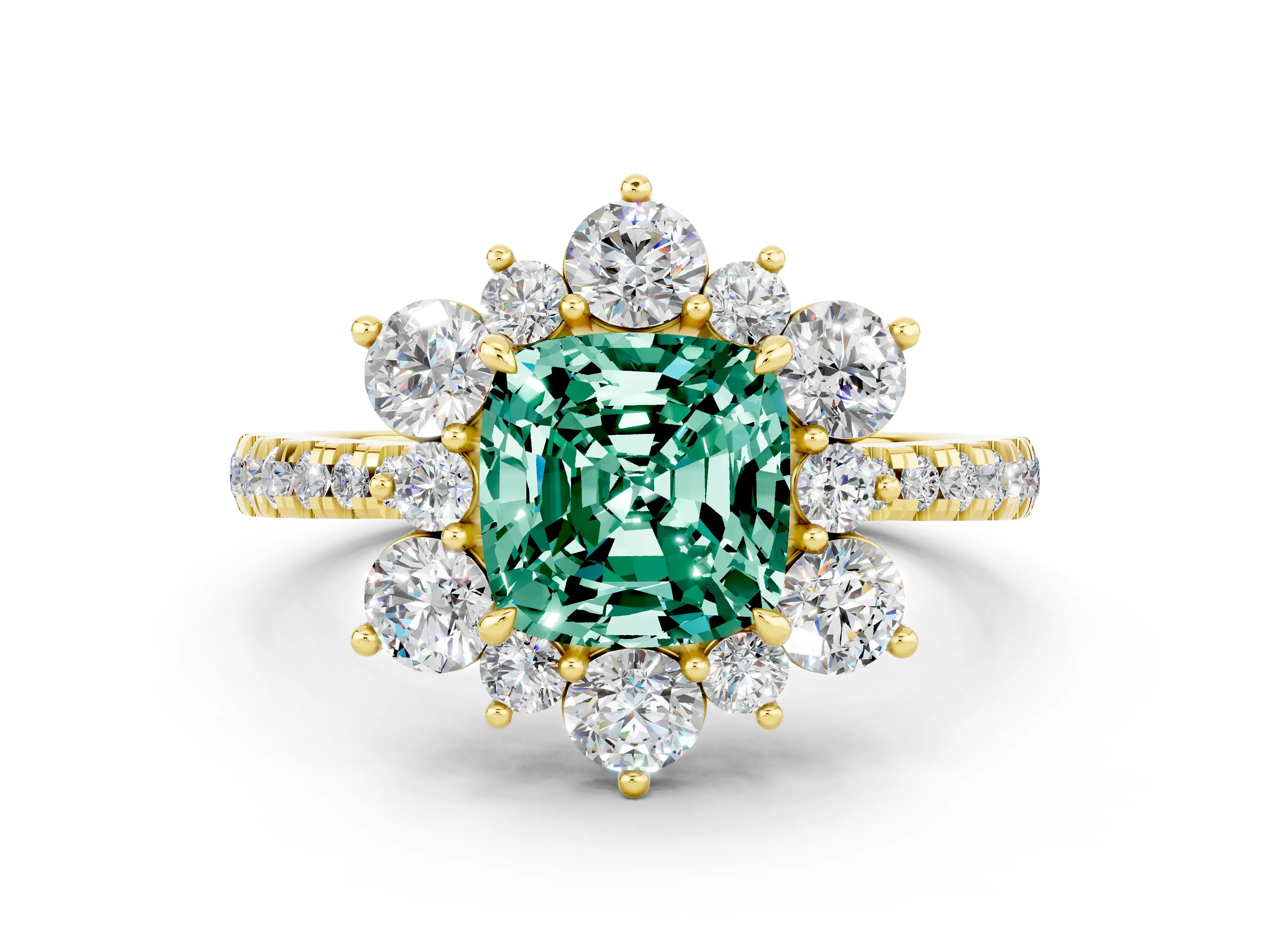 Yellow gold Cushion Cut Cut Diamond Floral Halo Pave Band with Prong Setting