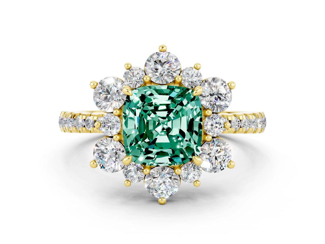Yellow gold Cushion Cut Cut Diamond Floral Halo Pave Band with Prong Setting