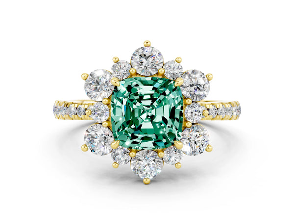 Yellow gold Cushion Cut Green Sapphire Floral Halo Ring with Round Pavé Band and Prong Setting