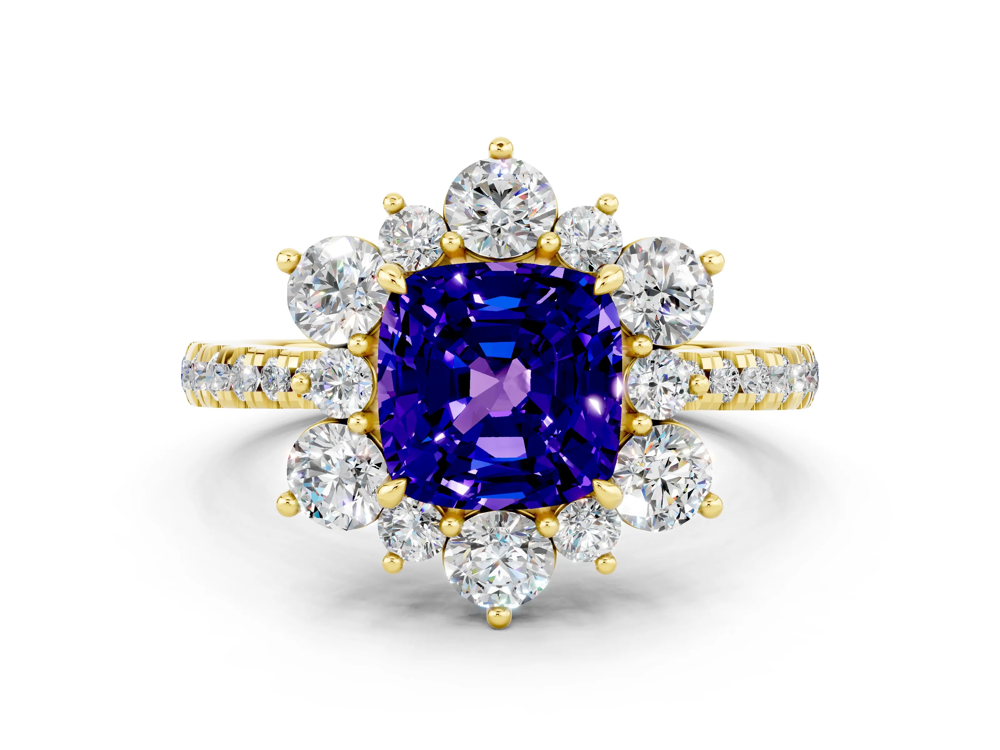 Yellow gold Cushion Cut Cut Diamond Floral Halo Pave Band with Prong Setting