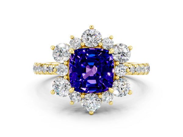 Yellow gold Cushion Cut Tanzanite Floral Halo Ring with Round Pavé Band and Prong Setting