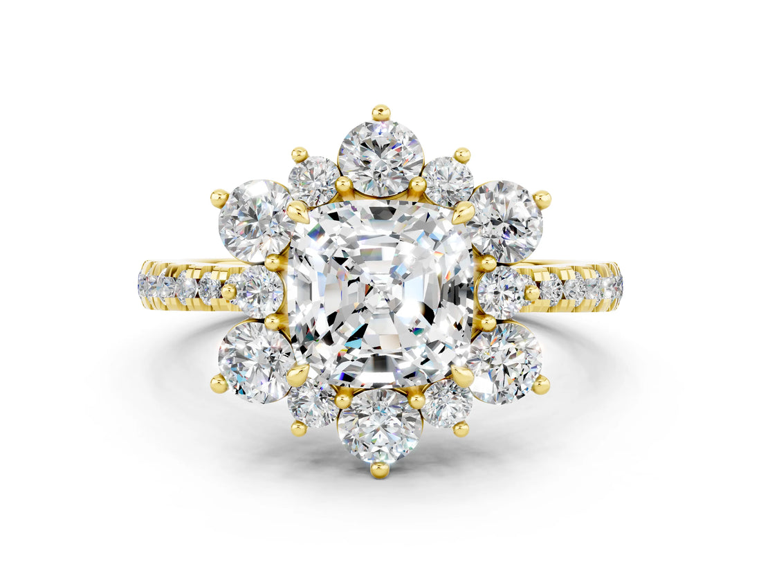 Yellow gold Cushion Cut Cut Diamond Floral Halo Pave Band with Prong Setting