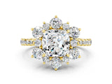 Yellow gold Cushion Cut Cut Diamond Floral Halo Pave Band with Prong Setting