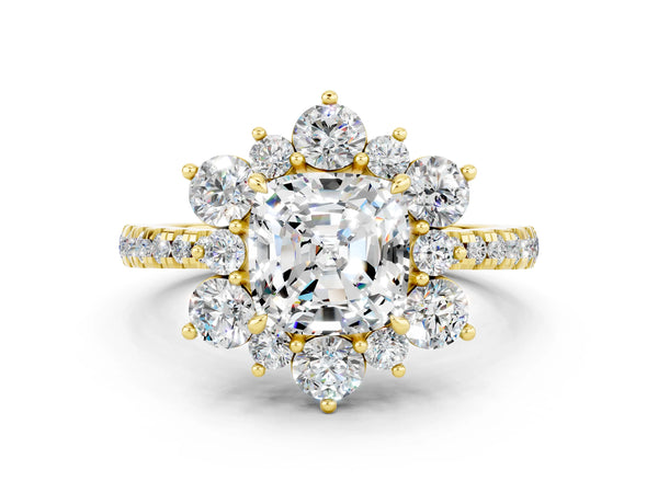 Yellow gold Cushion Cut Moissanite Floral Halo Ring with Round Pavé Band and Prong Setting