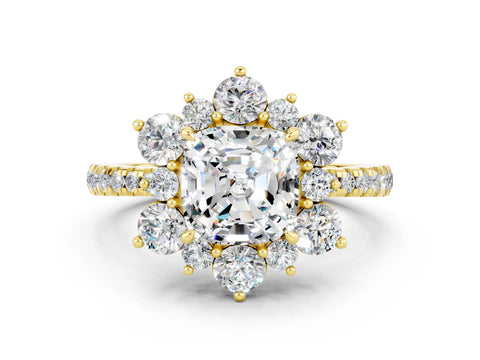 Yellow gold Cushion Cut Cut Diamond Floral Halo Pave Band with Prong Setting