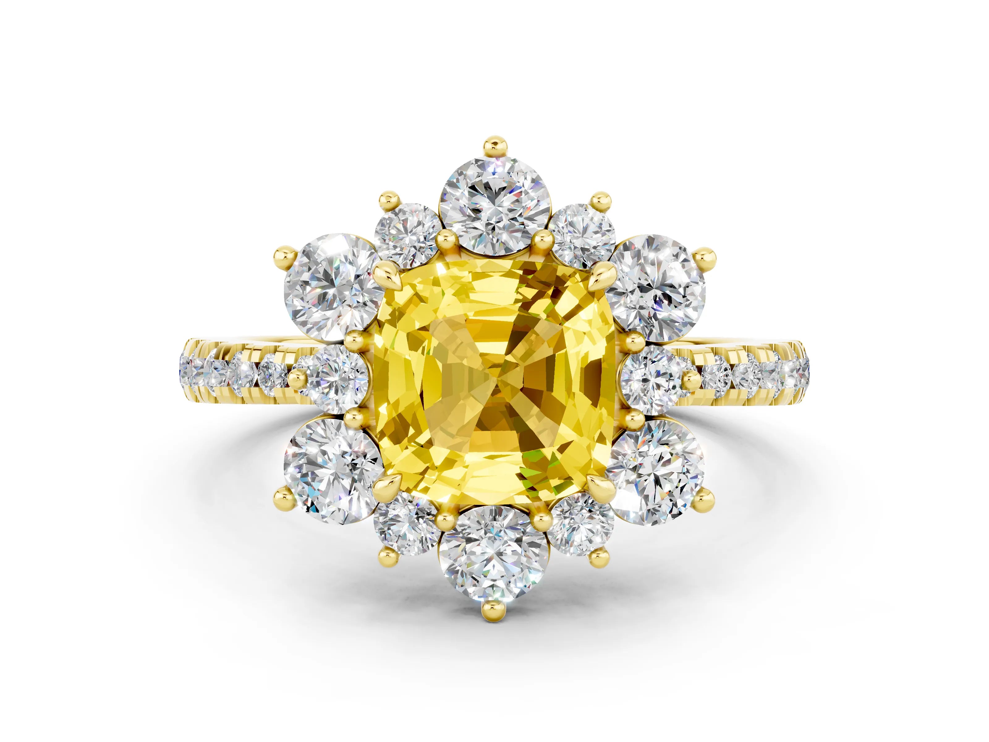 Yellow gold Cushion Cut Cut Diamond Floral Halo Pave Band with Prong Setting