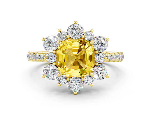 Yellow gold Cushion Cut Yellow Sapphire Floral Halo Ring with Round Pavé Band and Prong Setting