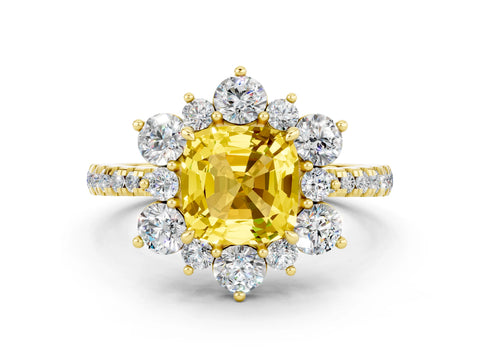 Yellow gold Cushion Cut Cut Diamond Floral Halo Pave Band with Prong Setting