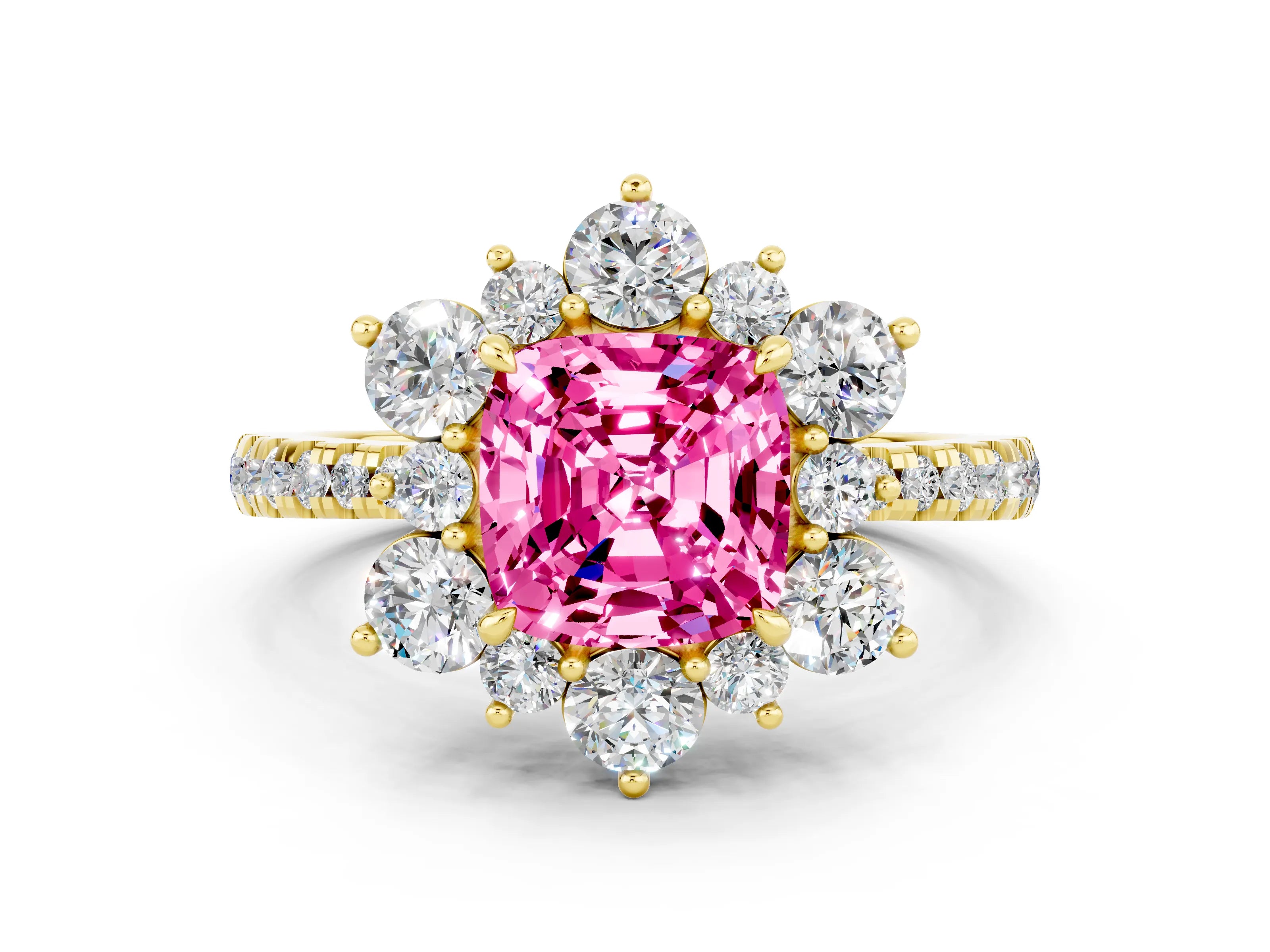 Yellow gold Cushion Cut Cut Diamond Floral Halo Pave Band with Prong Setting