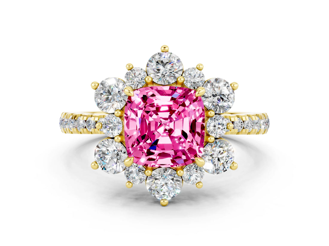 Yellow gold Cushion Cut Cut Diamond Floral Halo Pave Band with Prong Setting