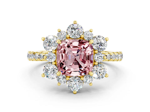 Yellow gold Cushion Cut Cut Diamond Floral Halo Pave Band with Prong Setting