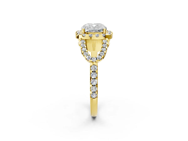 Yellow Gold Cushion Cut Split Shank Pave Halo Engagement Ring Setting