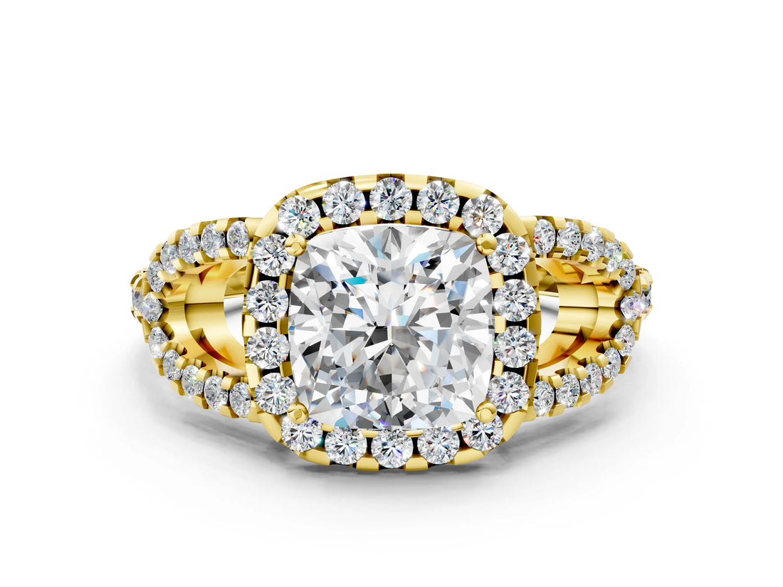 Yellow gold Cushion Cut Cut Diamond Halo Engagement Ring with Open Split Pavé Band_9