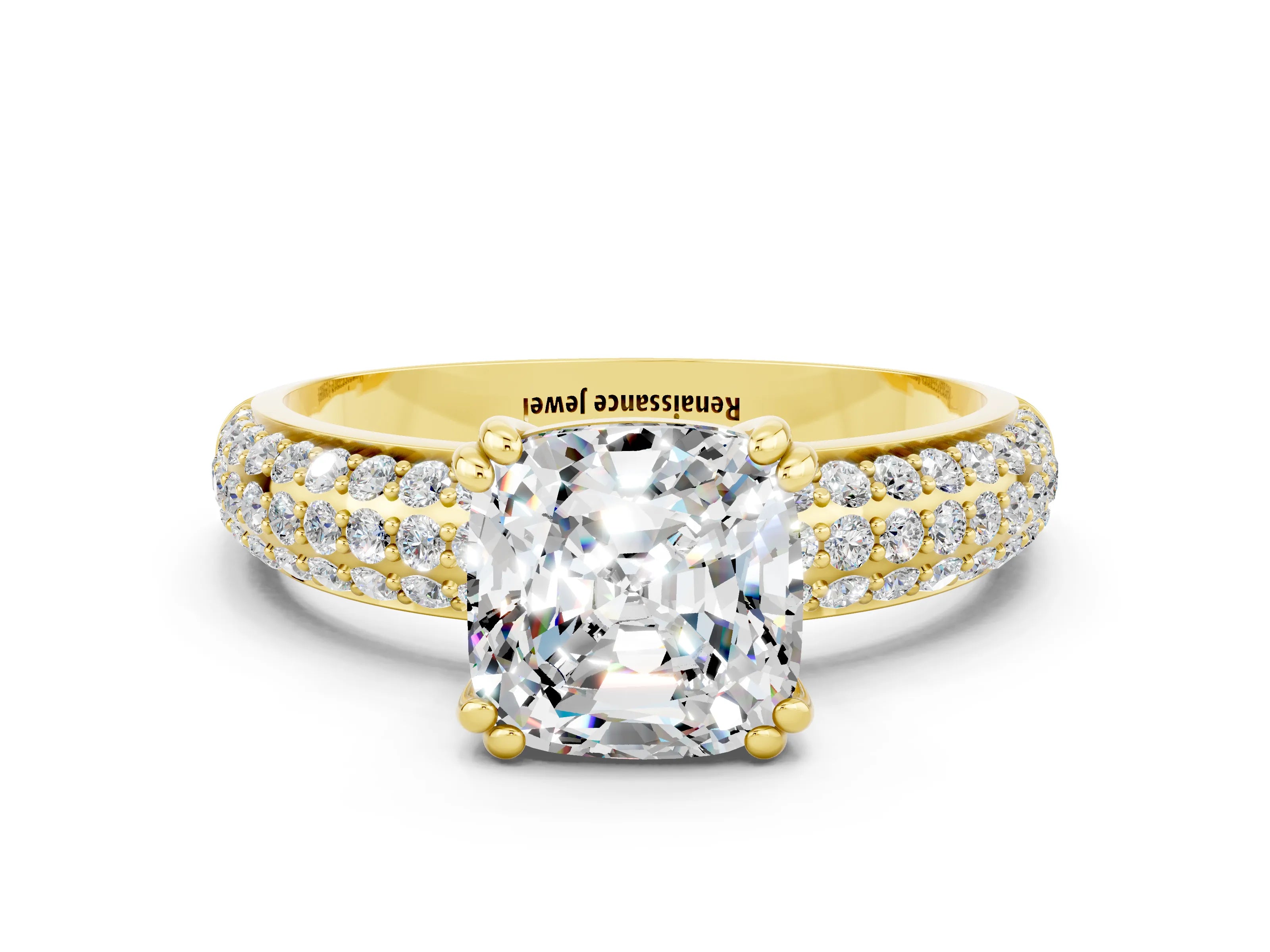 Yellow gold Cushion Cut Cut Diamond Milgrain Marquise Band with Prong Setting