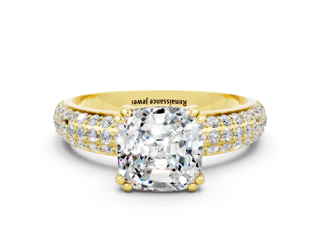 Yellow gold Cushion Cut Cut Diamond Milgrain Marquise Band with Prong Setting
