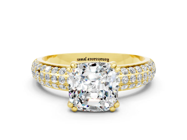 Yellow gold Cushion Cut Moissanite Vintage Milgrain Ring with Round  Stations