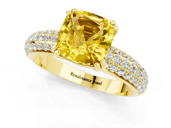 Yellow gold Cushion Cut Yellow Sapphire Vintage Milgrain Ring with Round  Stations
