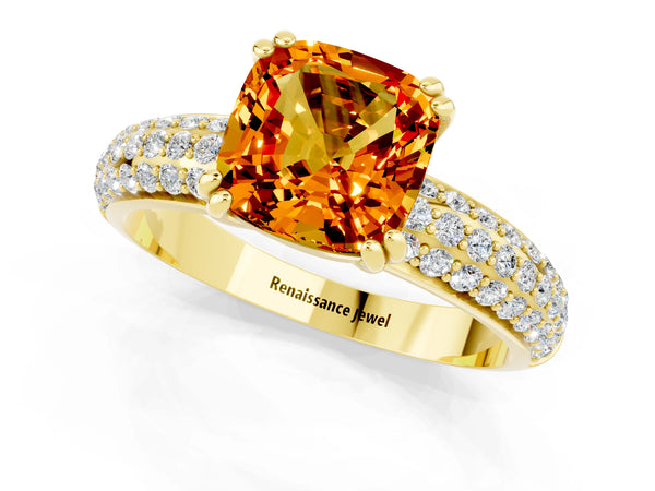 Yellow gold Cushion Cut Citrine Vintage Milgrain Ring with Round  Stations