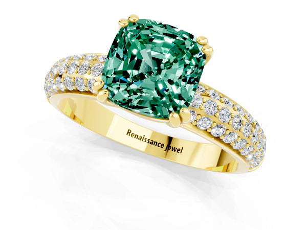 Yellow gold Cushion Cut Green Sapphire Vintage Milgrain Ring with Round  Stations
