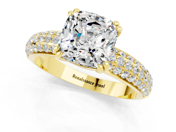 Yellow gold Cushion Cut Moissanite Vintage Milgrain Ring with Round  Stations