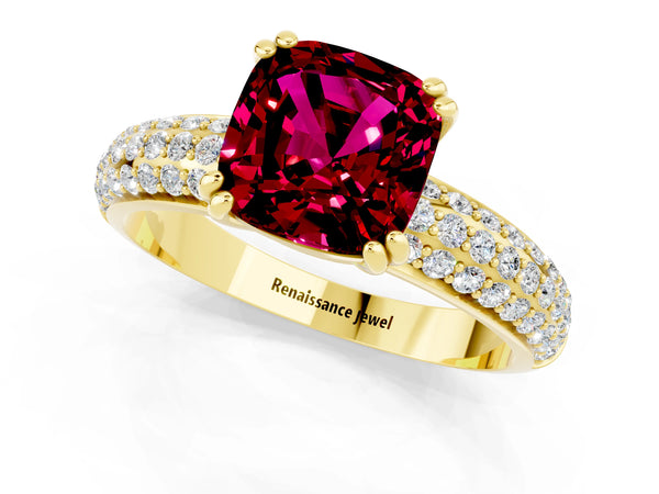 Yellow gold Cushion Cut Garnet Vintage Milgrain Ring with Round  Stations