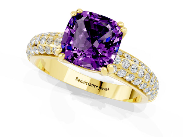 Yellow gold Cushion Cut Amethyst Vintage Milgrain Ring with Round  Stations