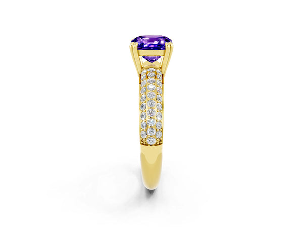 Yellow gold Cushion Cut Tanzanite Vintage Milgrain Ring with Round  Stations