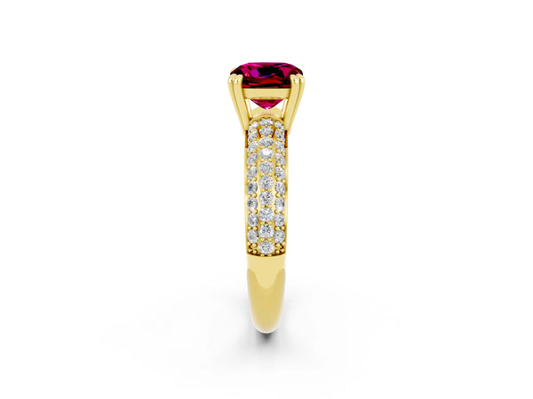 Yellow gold Cushion Cut Garnet Vintage Milgrain Ring with Round  Stations