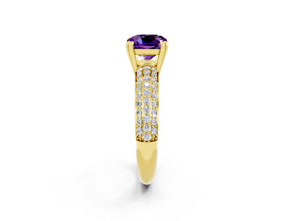 Yellow gold Cushion Cut Amethyst Vintage Milgrain Ring with Round  Stations