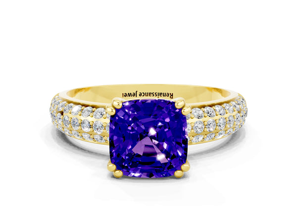 Yellow gold Cushion Cut Tanzanite Vintage Milgrain Ring with Round  Stations