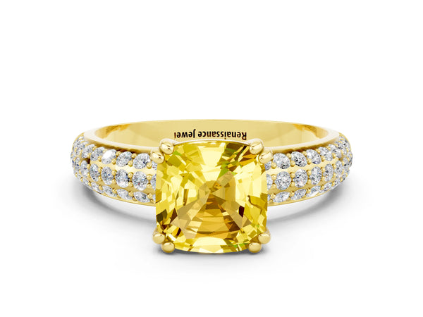 Yellow gold Cushion Cut Yellow Sapphire Vintage Milgrain Ring with Round  Stations