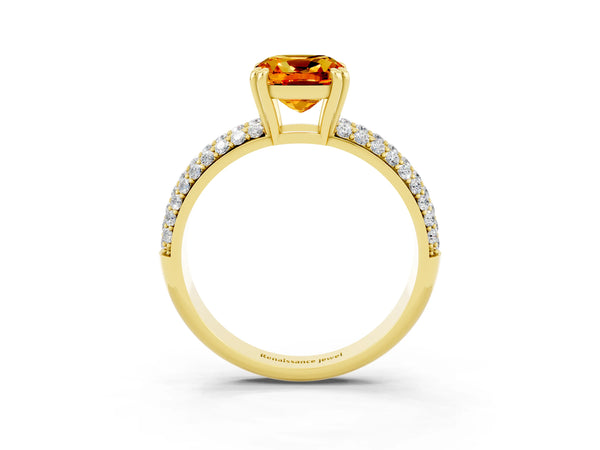 Yellow gold Cushion Cut Citrine Vintage Milgrain Ring with Round  Stations