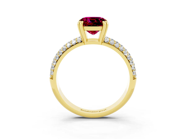Yellow gold Cushion Cut Garnet Vintage Milgrain Ring with Round  Stations