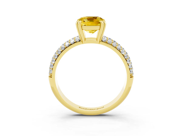 Yellow gold Cushion Cut Yellow Sapphire Vintage Milgrain Ring with Round  Stations