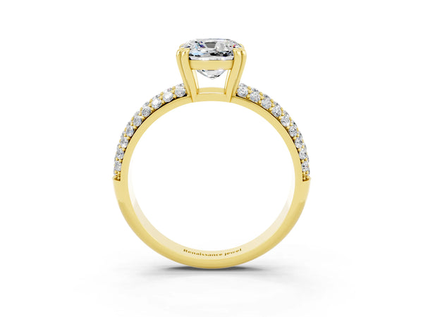 Yellow gold Cushion Cut Moissanite Vintage Milgrain Ring with Round  Stations