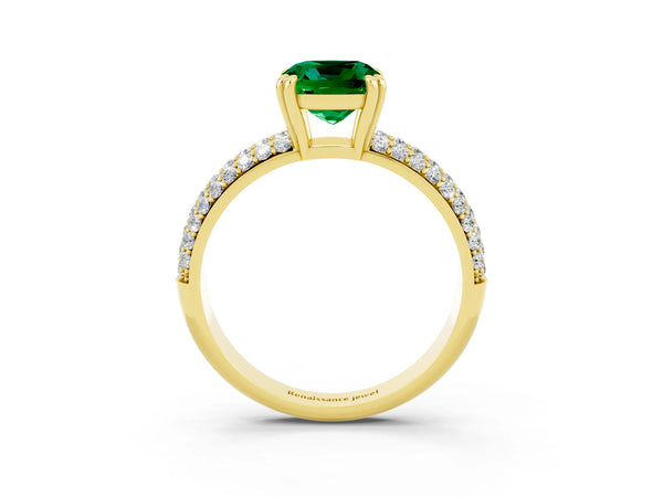 Yellow gold Cushion Cut Emerald Vintage Milgrain Ring with Round  Stations