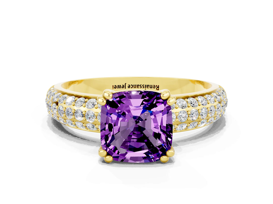 Yellow gold Cushion Cut Cut Diamond Milgrain Marquise Band with Prong Setting
