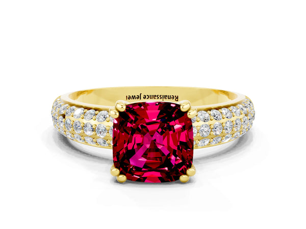 Yellow gold Cushion Cut Garnet Vintage Milgrain Ring with Round  Stations