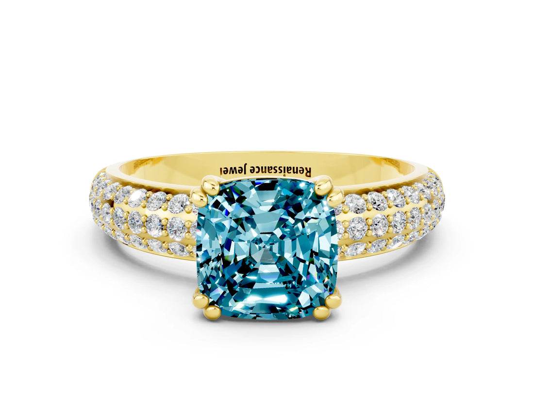 Yellow gold Cushion Cut Cut Diamond Milgrain Marquise Band with Prong Setting