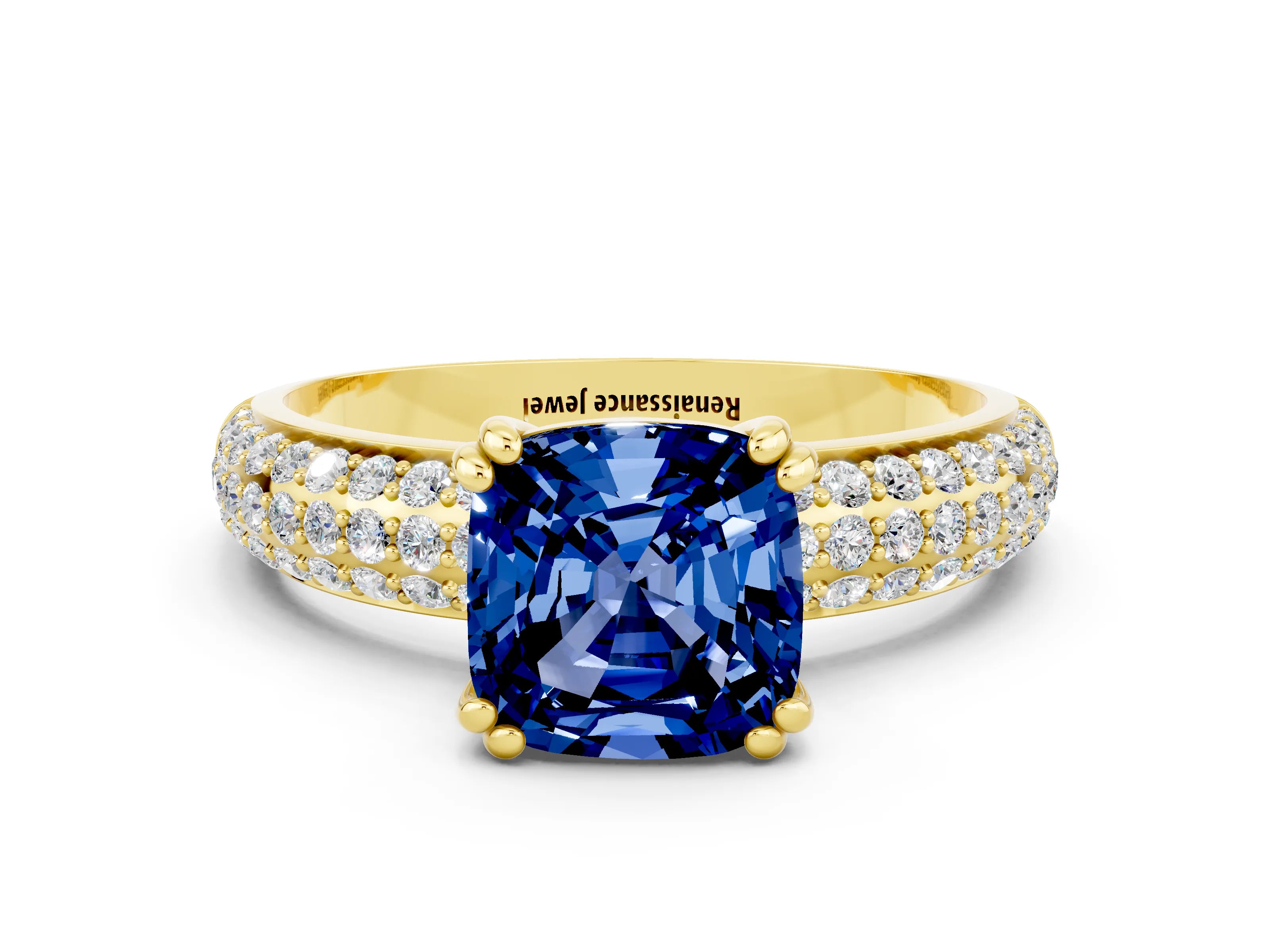 Yellow gold Cushion Cut Cut Diamond Milgrain Marquise Band with Prong Setting