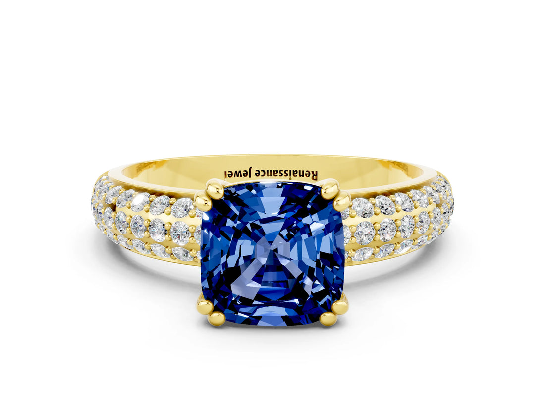 Yellow gold Cushion Cut Cut Diamond Milgrain Marquise Band with Prong Setting