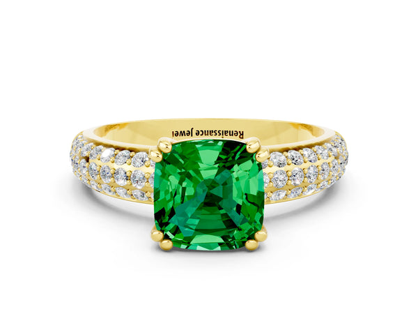 Yellow gold Cushion Cut Emerald Vintage Milgrain Ring with Round  Stations