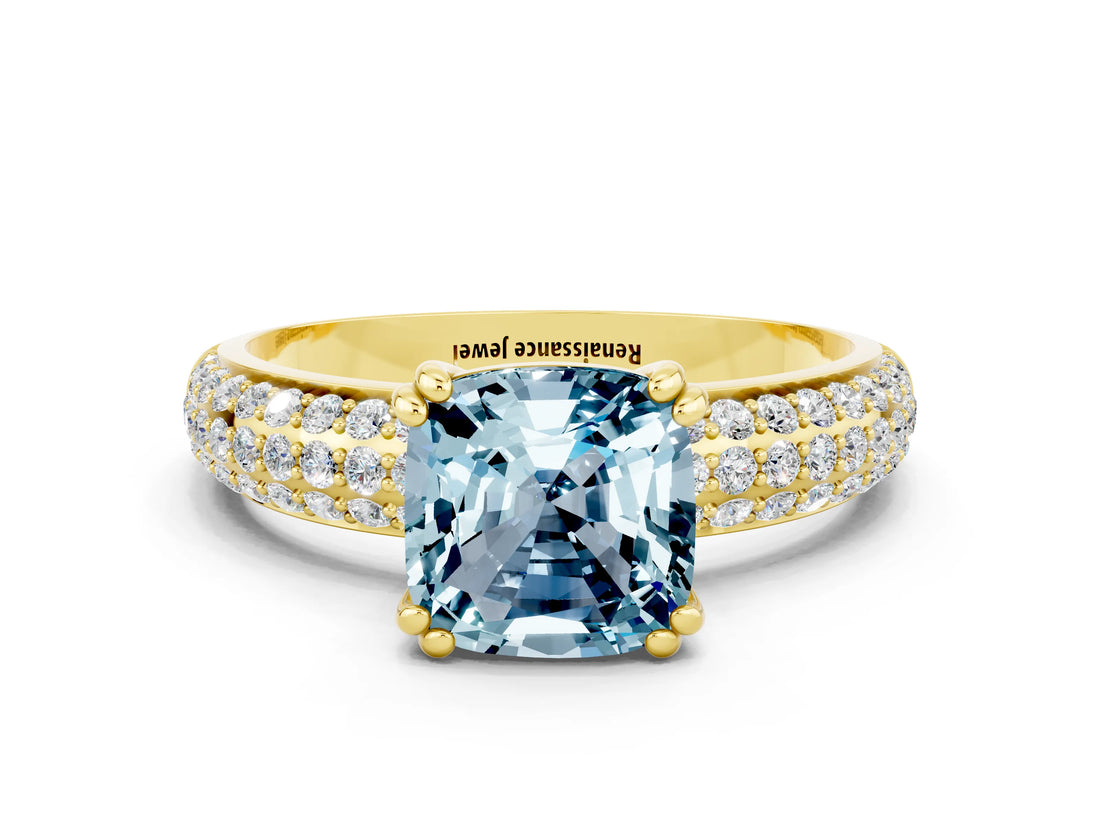 Yellow gold Cushion Cut Cut Diamond Milgrain Marquise Band with Prong Setting