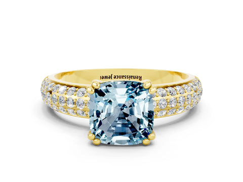 Yellow gold Cushion Cut Cut Diamond Milgrain Marquise Band with Prong Setting